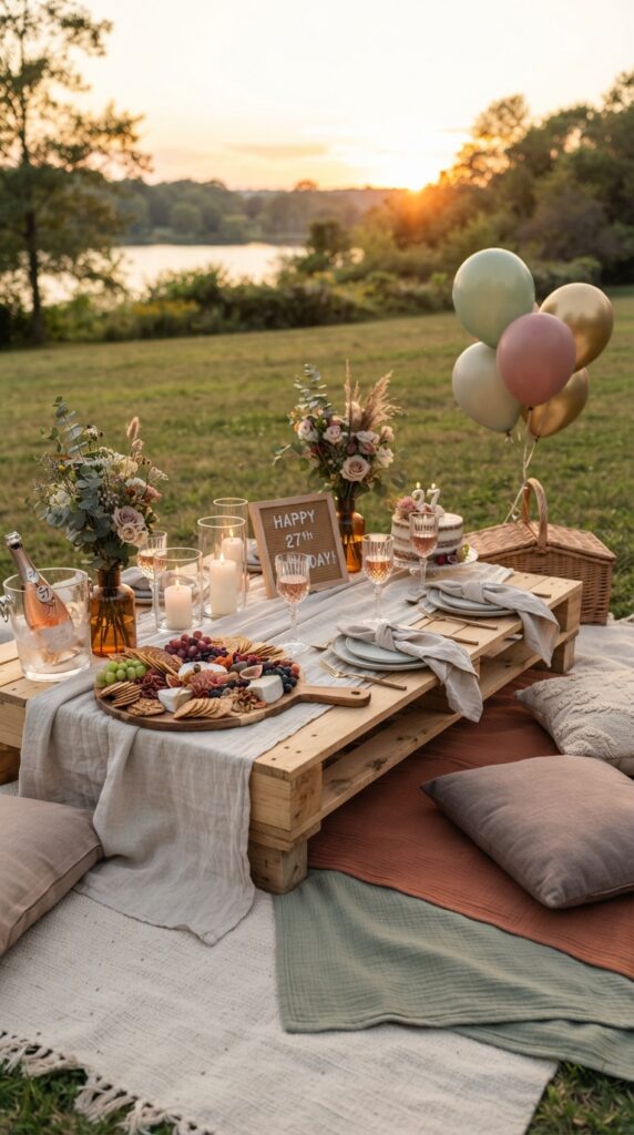 Stylish sunset picnic setup for a 27th birthday featuring a luxury cheese board, cozy blankets, candles, and soft neutral decorations.