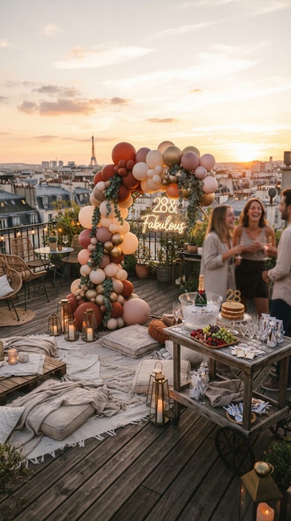Elegant 28th birthday rooftop party with gold balloons, cozy seating, lanterns, and sunset decor.