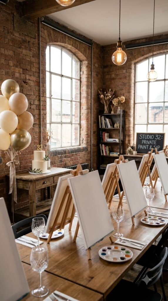 A stylish paint and sip studio with easels, wine glasses, birthday cake, and elegant decorations