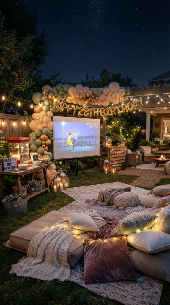 Cozy backyard movie night with projector, string lights, popcorn station, and comfortable seating.