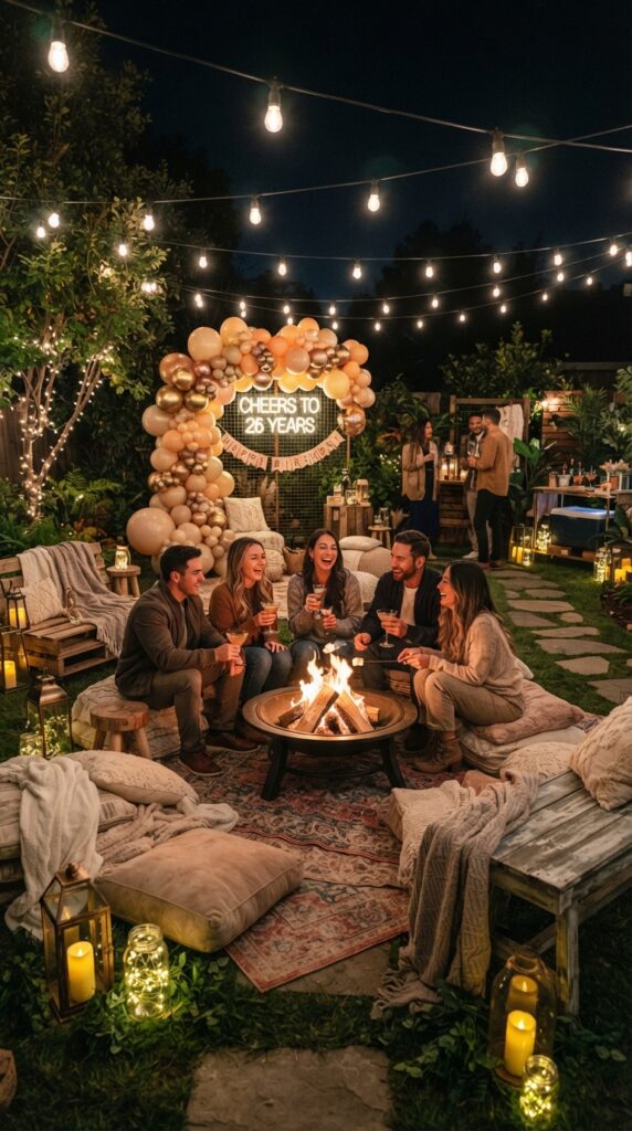 Backyard 26th birthday glow party with Edison string lights, fire pit, lanterns, cozy seating, and elegant balloon decorations.
