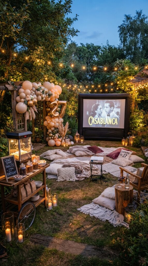 Backyard movie night setup for a 27th birthday with projector screen, cozy blankets, popcorn station, string lights, and balloon decorations.