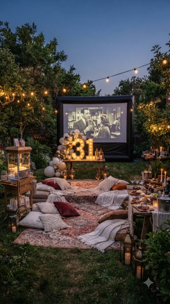 Outdoor backyard movie night for a 31st birthday with projector screen, cozy seating, popcorn station, string lights, and modern birthday decorations.