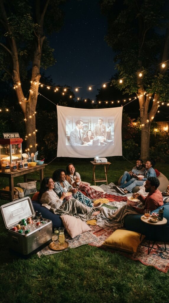 ozy backyard movie night with projector screen, fairy lights, bean bags, popcorn station, and outdoor birthday party decorations.