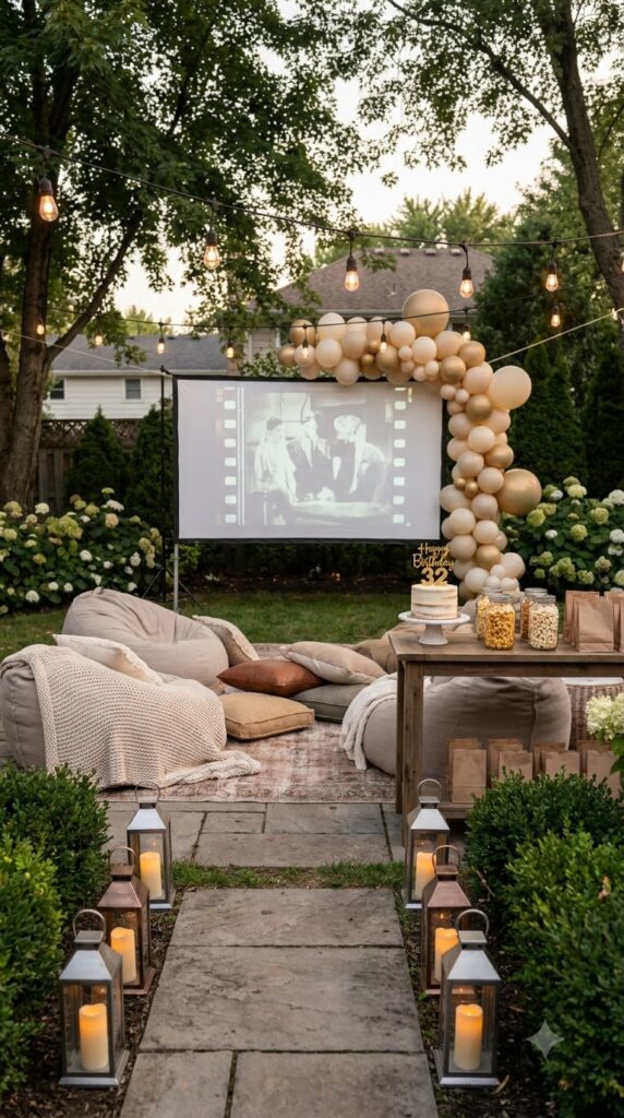 A cozy backyard movie night featuring string lights, blankets, projector screen, popcorn bar, and birthday decorations