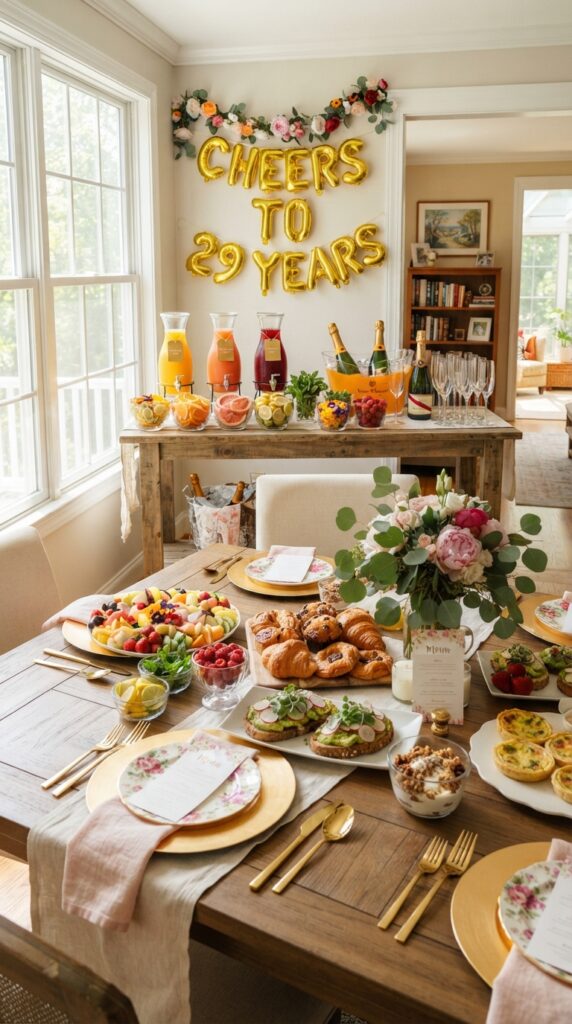 Beautiful 29th birthday brunch setup featuring a mimosa bar, fresh flowers, pastries, fruit platters, and elegant brunch table decorations.