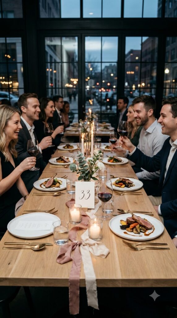 An elegant themed birthday dinner featuring luxury table settings, candles, stylish balloons, and coordinated party decor