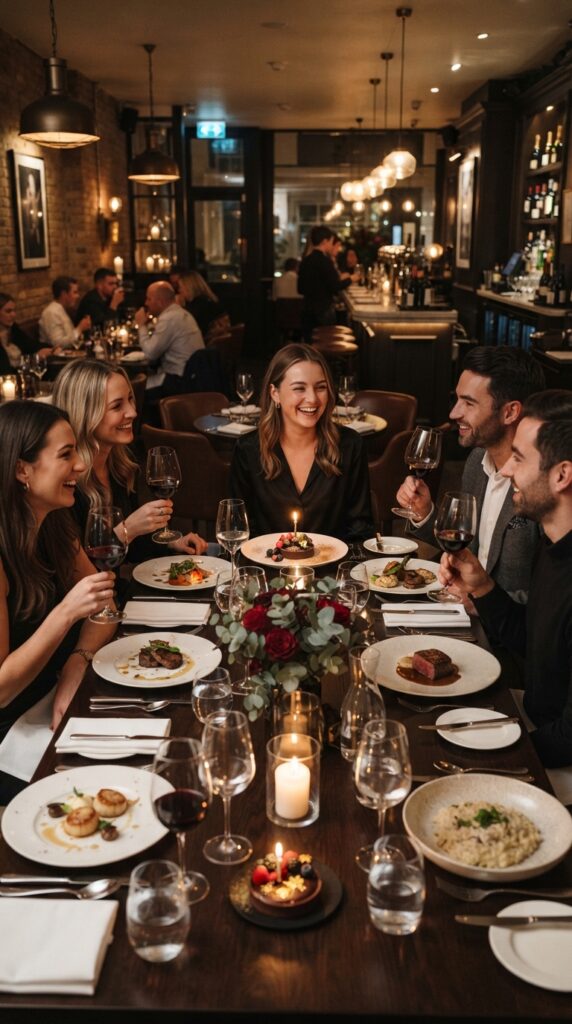 Intimate 26th birthday dinner at an elegant restaurant featuring candlelit table settings, fine dining, wine glasses, and a birthday dessert.
