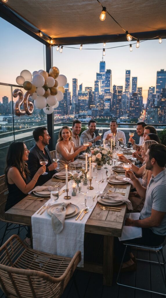 Elegant 26th birthday rooftop sunset dinner party with string lights, white table décor, gold accents, candles, and a beautiful city skyline.