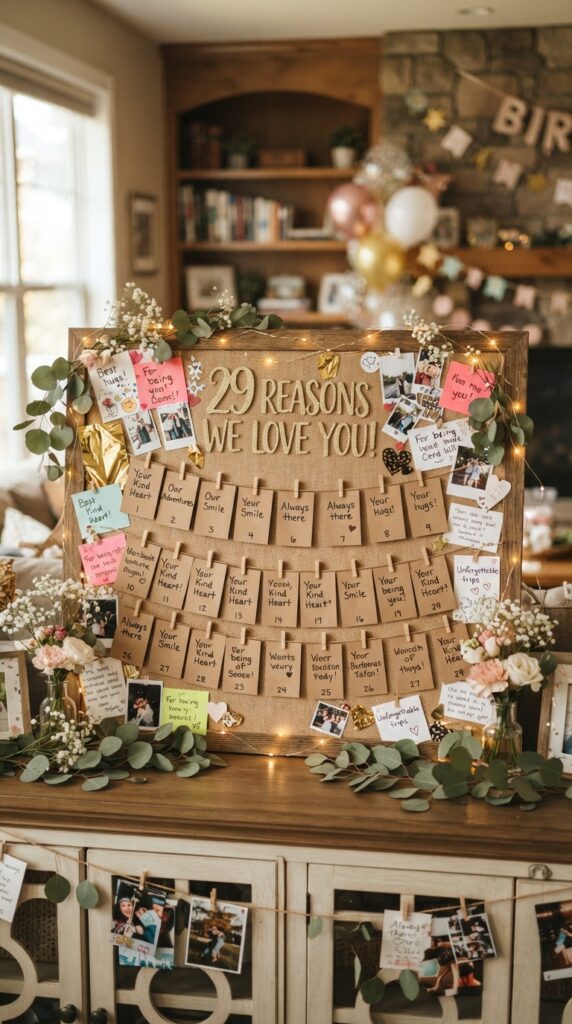 Heartfelt birthday memory board decorated with handwritten notes, fairy lights, flowers, and elegant 29th birthday decorations.