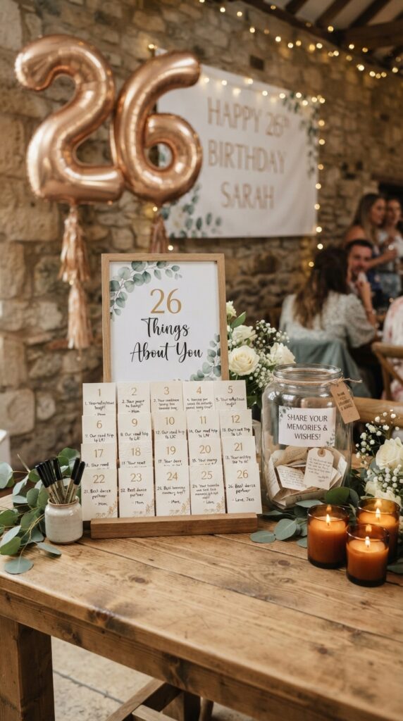 Beautiful 26th birthday memory station with handwritten note cards, candles, eucalyptus décor, and a keepsake message jar.