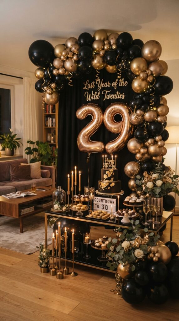 Black and gold 29th birthday party decoration with a stylish balloon arch, elegant cake table, and modern countdown theme for a memorable 29th birthday celebration.