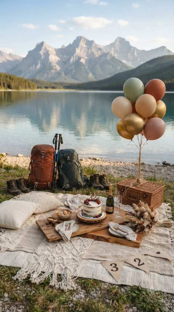 A scenic lakeside birthday picnic with rustic decor, balloons, picnic basket, birthday cake, and mountain views