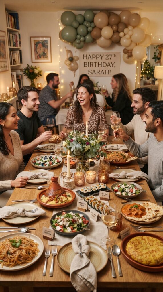 International birthday potluck featuring beautifully presented dishes, elegant dining table decorations, candles, and balloons.
