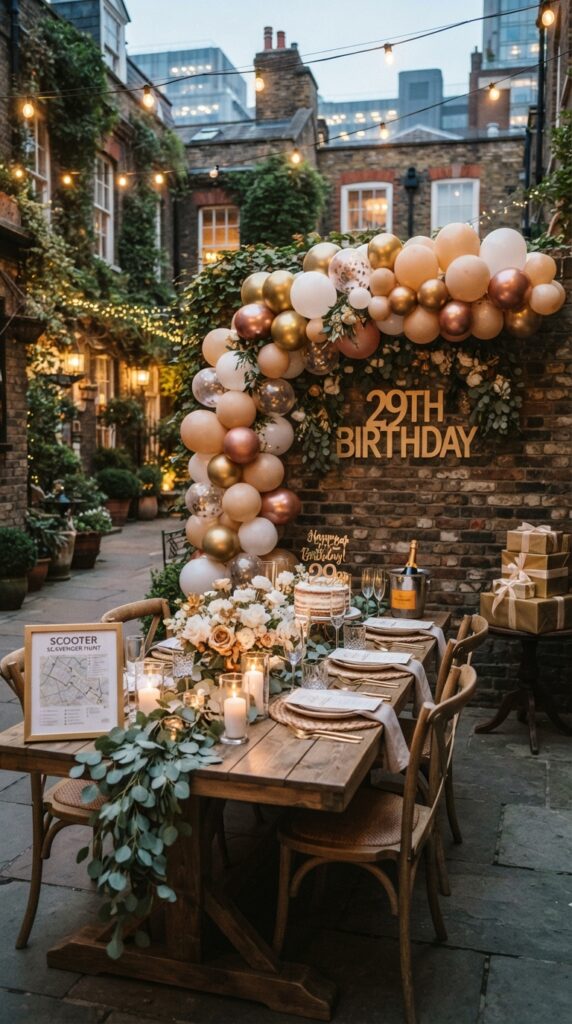 Outdoor surprise birthday setup with balloon garland, string lights, gifts, and elegant decorations at the final scavenger hunt destination.