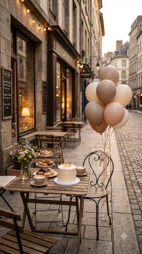 A charming café birthday stop featuring artisan desserts, elegant table decor, and city street views