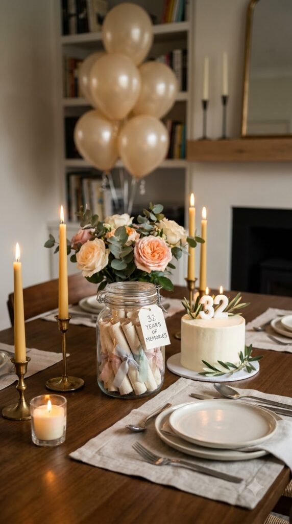 A heartfelt birthday celebration featuring a memory jar, handwritten letters, candles, elegant table decor, and birthday cake