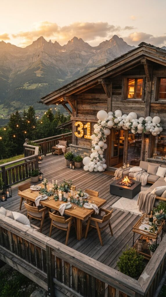 Cozy luxury cabin decorated for a 31st birthday weekend getaway with mountain views, outdoor dining, string lights, and stylish birthday décor.