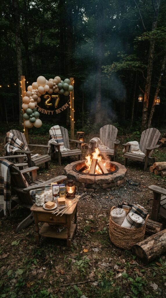 Cozy outdoor bonfire birthday party with fire pit, lanterns, blankets, s'mores station, and warm evening decorations.