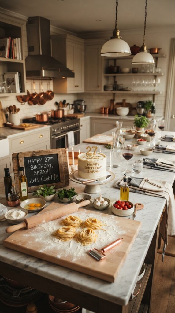 Modern private cooking class for a 27th birthday with pasta-making stations, gourmet ingredients, and elegant birthday table decor.