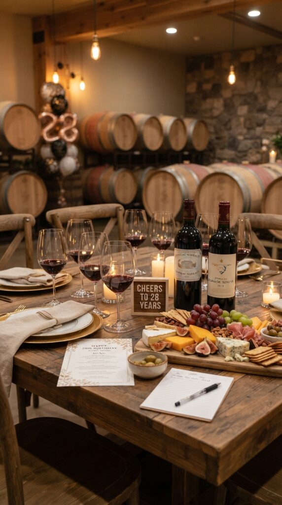 Private wine tasting setup with premium glasses, charcuterie board, and cozy birthday celebration atmosphere.