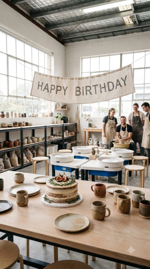 A charming city café birthday stop with artisan desserts, elegant table styling, and urban street view
