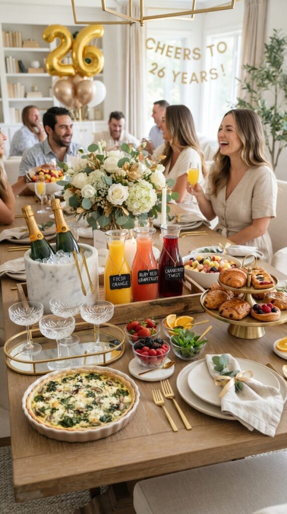 Elegant 26th birthday brunch with a DIY mimosa bar, fresh pastries, flowers, champagne, fruit, and stylish table decorations.