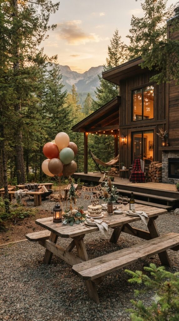 A cozy mountain cabin birthday setup with rustic decorations, balloons, bonfire seating, and a birthday cake