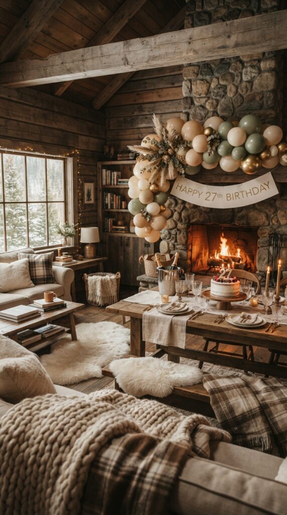 Warm and cozy cabin decorated for a 27th birthday weekend with candles, neutral balloons, rustic dining table, and fireplace ambiance.