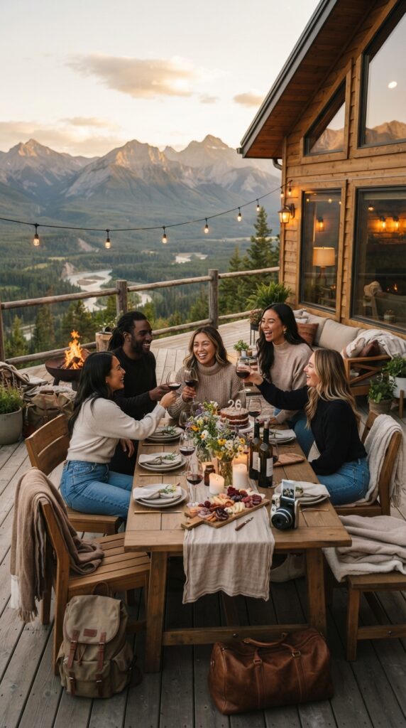 Luxury cabin getaway for a 26th birthday featuring an outdoor dinner setup, cozy blankets, string lights, and scenic mountain views.