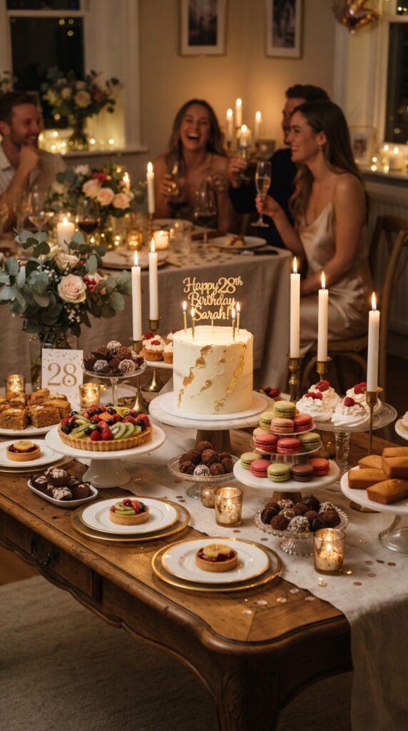 Cozy candlelit dessert table featuring birthday cake, macarons, pastries, and warm home ambiance.