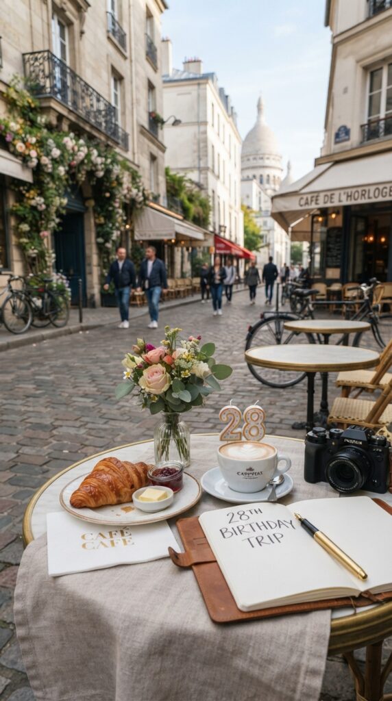 Birthday getaway featuring a charming city café, fresh breakfast, flowers, and travel-inspired scenery.