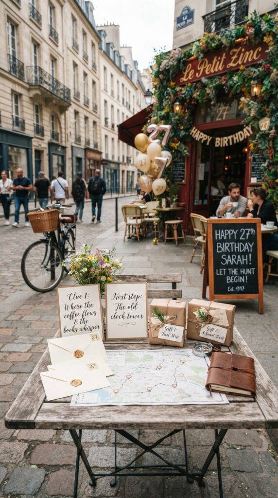 Creative 27th birthday scavenger hunt with clue cards, wrapped gifts, stylish city backdrop, and elegant birthday details.
