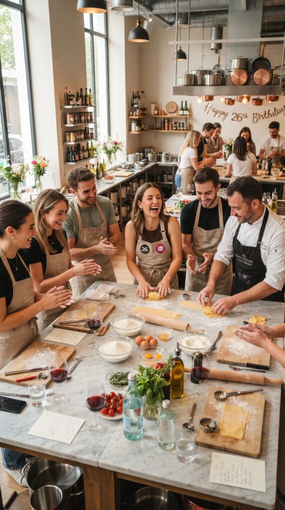 Modern cooking class for a 26th birthday featuring fresh pasta ingredients, premium cookware, wine glasses, and a stylish culinary studio