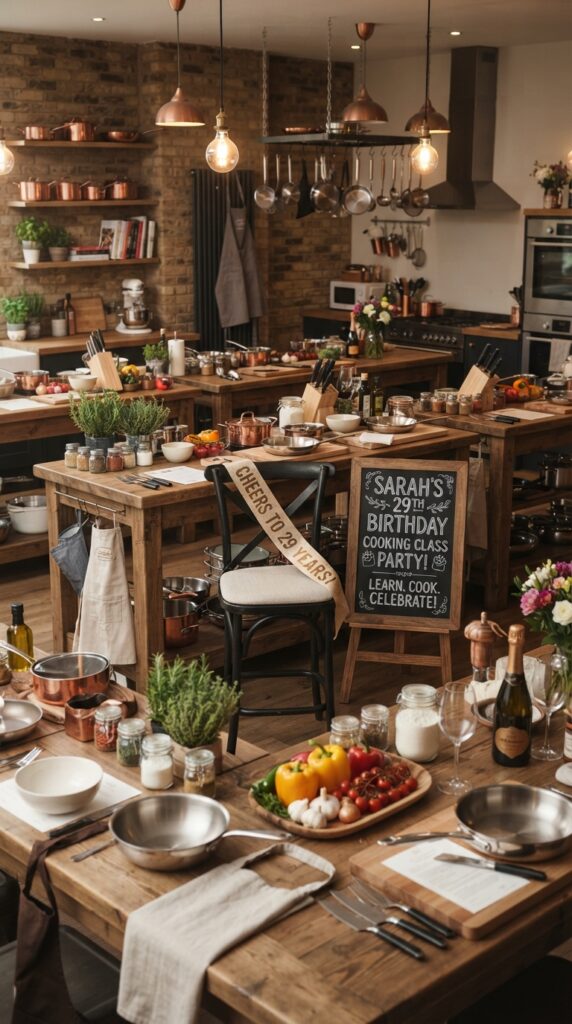 Modern cooking studio decorated for a 29th birthday with premium cookware, birthday sign, and stylish culinary party setup.