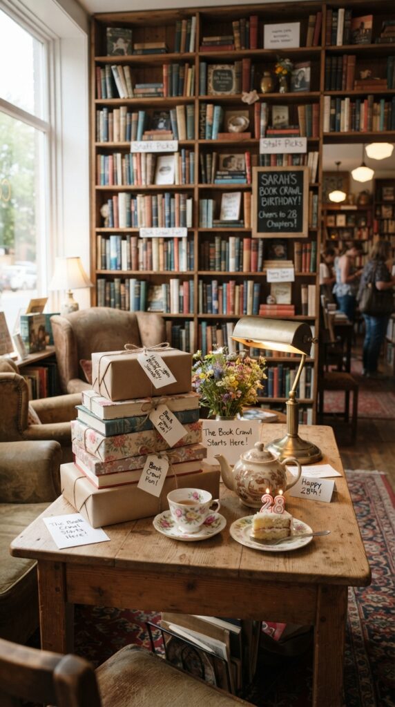 Charming independent bookstore birthday outing with books, coffee, and a cozy reading corner.