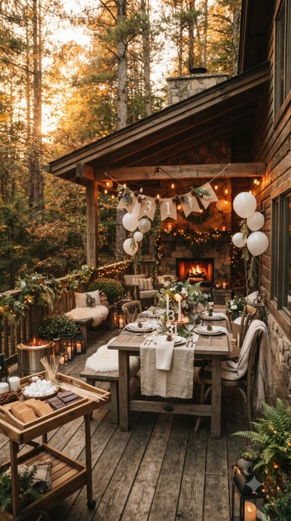 Rustic woodland cabin decorated for a cozy 31st birthday weekend with fireplace, outdoor dining, string lights, and natural birthday decorations.
