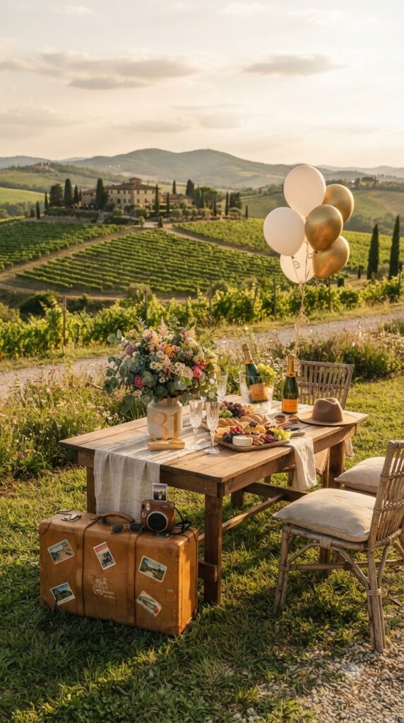 Scenic vineyard day trip for a 31st birthday featuring picnic table, champagne, countryside views, and stylish 31 birthday decorations.