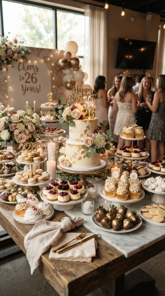 Elegant dessert grazing table for a 26th birthday featuring macarons, cupcakes, mini cheesecakes, candles, flowers, and a birthday cake.