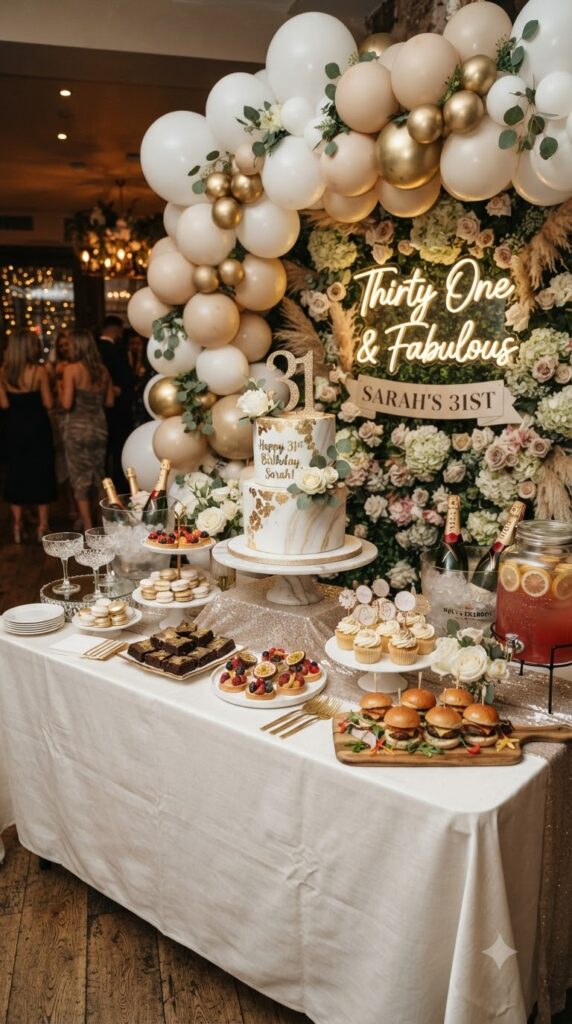 Luxury dessert table for a 31st birthday with beautiful cake, cupcakes, macarons, balloon backdrop, and elegant gold 31 birthday décor.