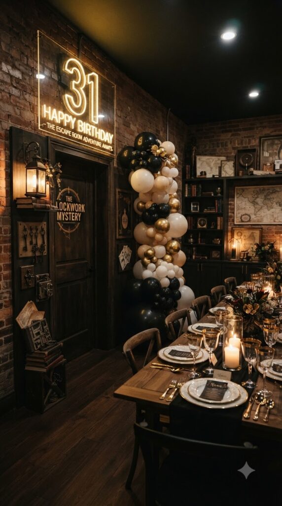 Creative escape room themed 31st birthday setup with mystery décor, lanterns, elegant dinner table, and modern gold 31 birthday decorations.