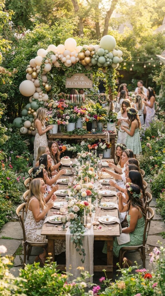 Elegant garden party for a 27th birthday featuring flower crown station, fresh blooms, rustic tables, candles, and balloon garland.