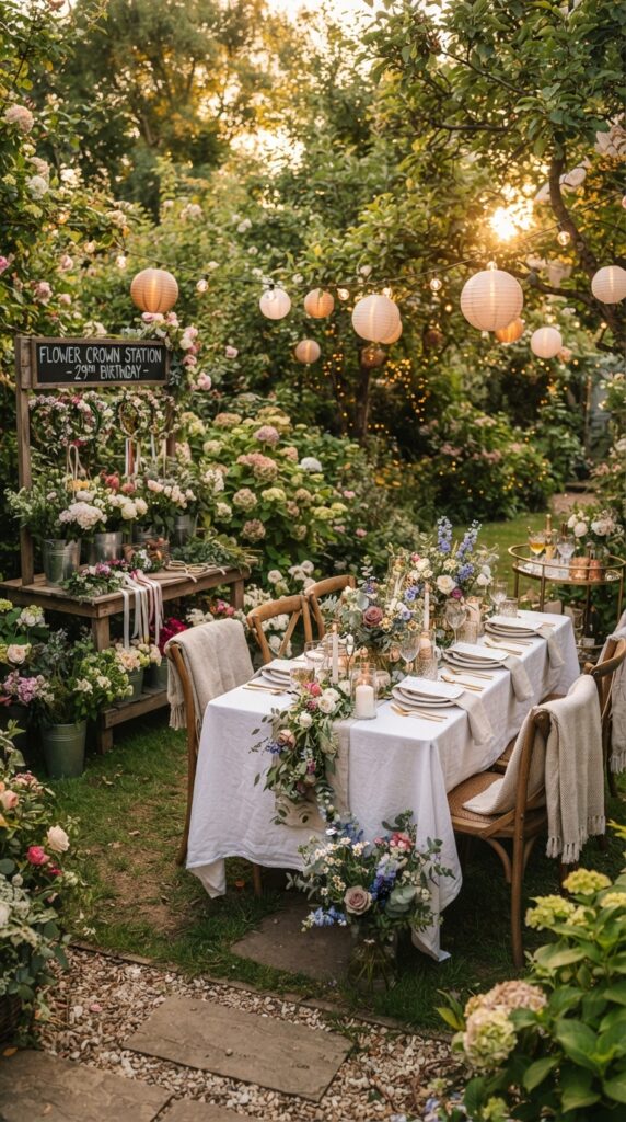 Elegant garden birthday party featuring flower crown station, white table linens, lanterns, candles, and beautiful floral decorations.
