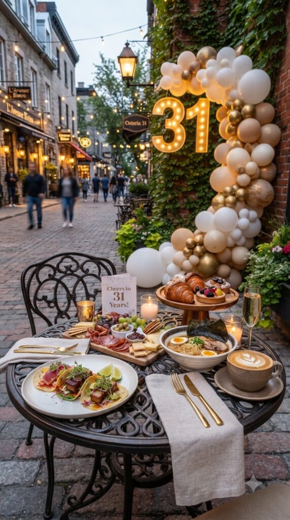 Gourmet city food tour inspired 31st birthday featuring artisan dishes, café table, desserts, and stylish gold 31 birthday décor.