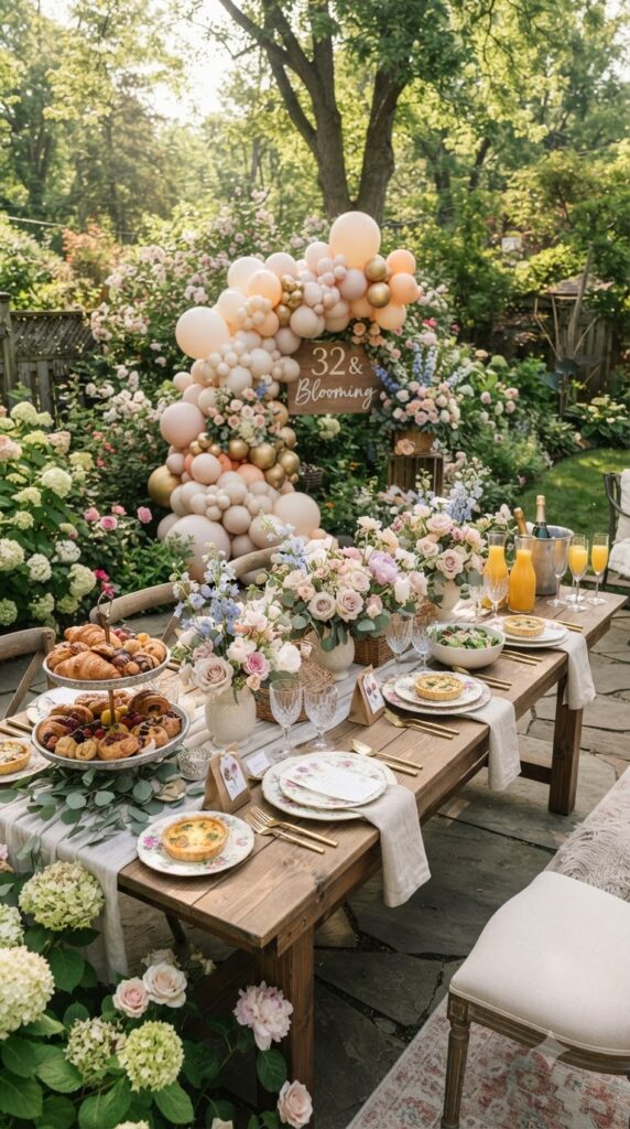 A beautiful outdoor floral brunch with pastel balloons, vintage table settings, fresh flowers, and elegant decor