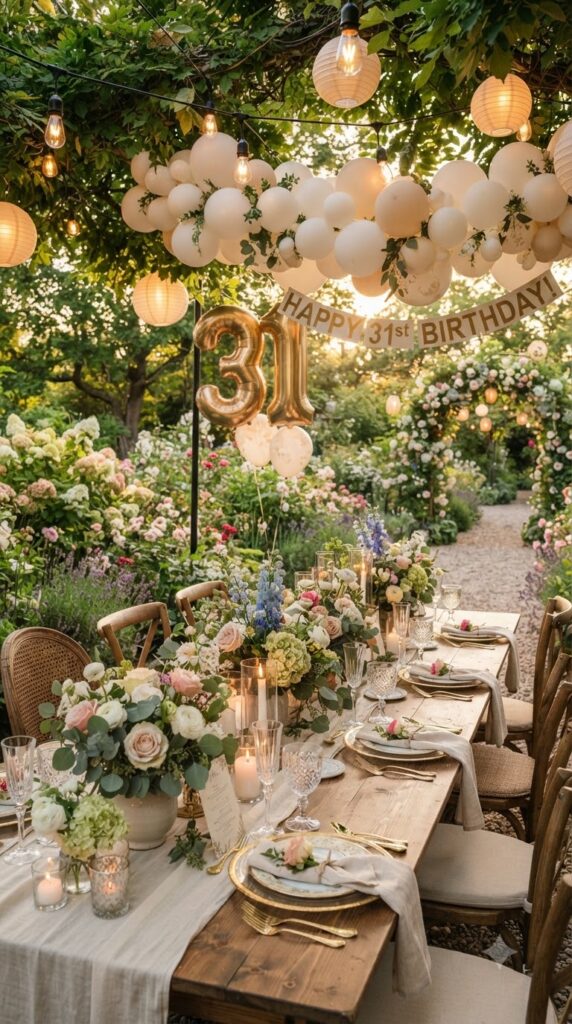 legant floral garden party for a 31st birthday featuring long dining table, fresh flowers, vintage tableware, and gold 31 birthday decorations.