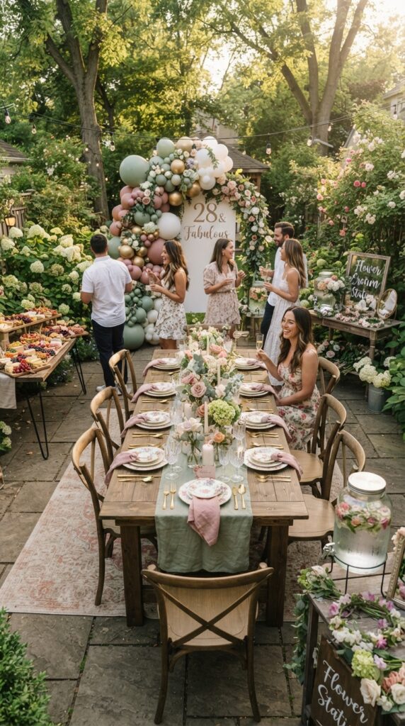 Beautiful garden party decorated with sage green balloons, floral centerpieces, and elegant outdoor table styling