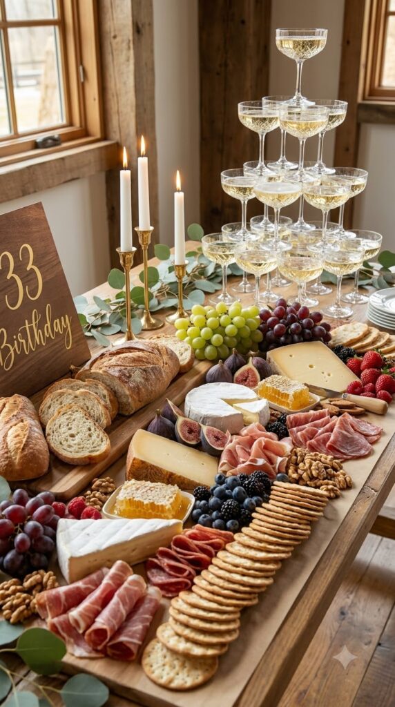 A modern game night featuring gourmet snacks, birthday cake, LED lighting, stylish decor, and cozy living room seating