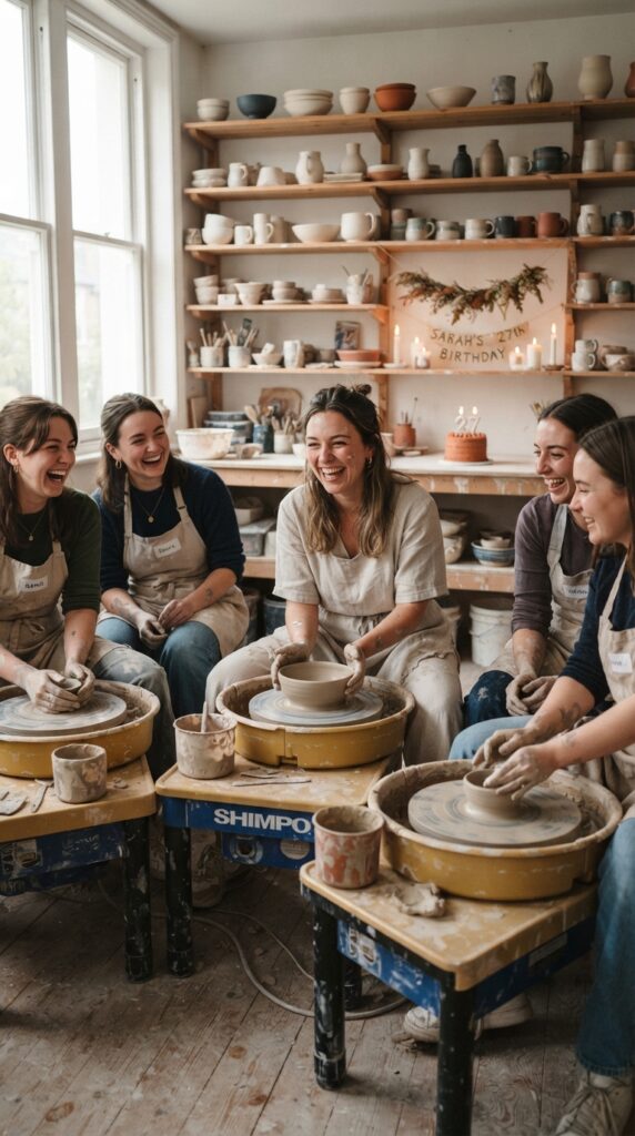 Modern pottery studio birthday celebration with ceramic wheels, handcrafted clay pieces, natural lighting, and artistic decor.