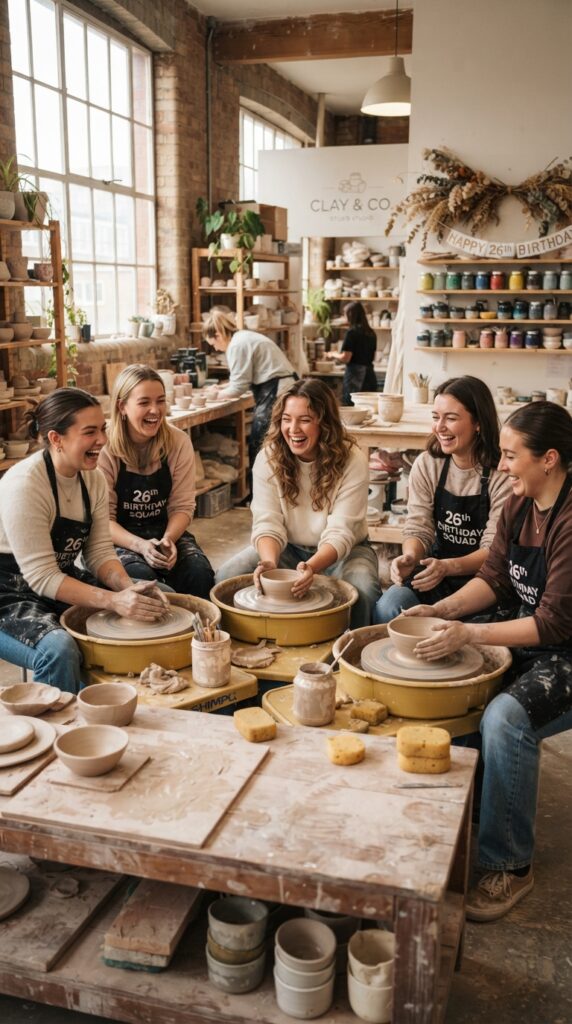 Bright pottery studio for a 26th birthday featuring ceramic wheels, handcrafted clay pieces, and a modern creative workspace.